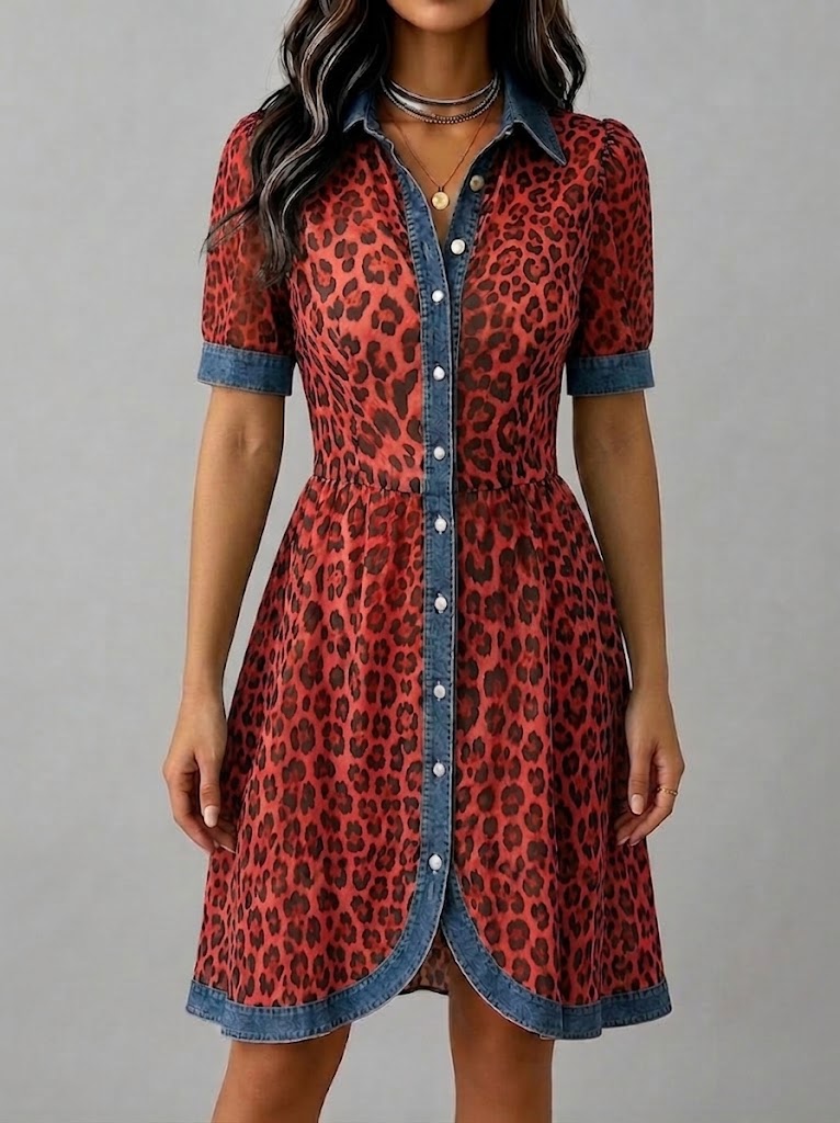 Robe chic décontractée en mousseline et denim à imprimé léopard