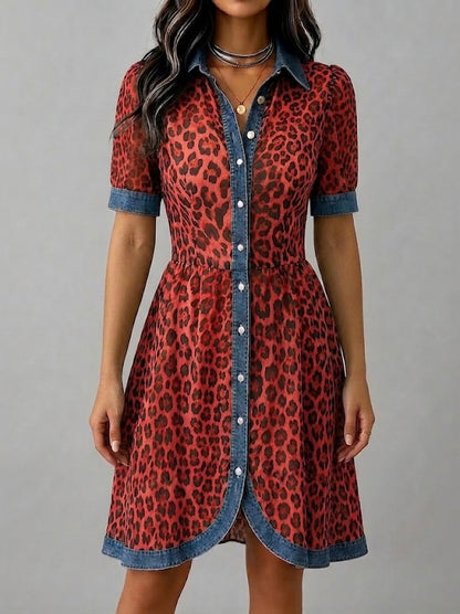 Robe chic décontractée en mousseline et denim à imprimé léopard