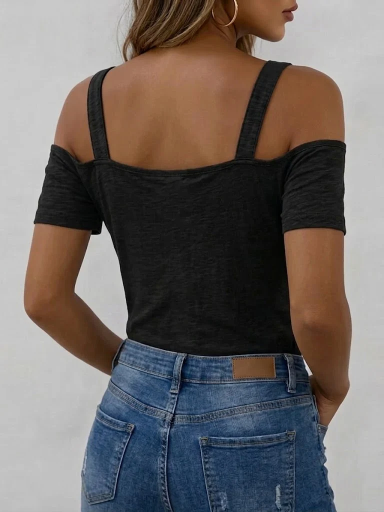 T-shirt en coton décontracté à épaules dénudées avec bretelles réglables et détails zippés