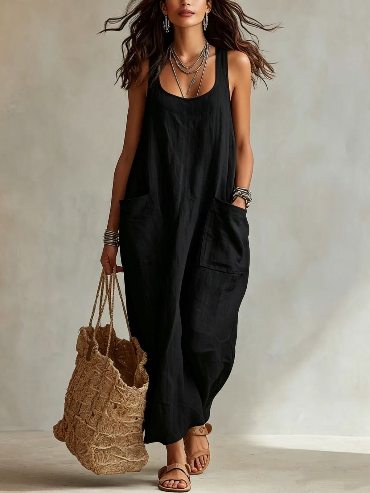 Robe longue maxi décontractée et fluide, sans manches, col en U, avec poches