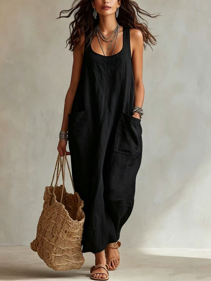 Robe longue maxi décontractée et fluide, sans manches, col en U, avec poches