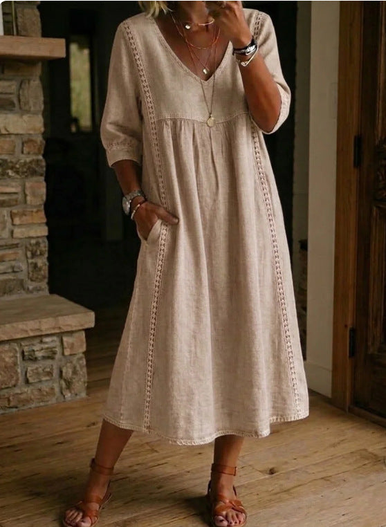 Elegant V-Neck Linen Blend Midi Dress with Lace Inserts and Pockets | Women's Casual Summer Dress