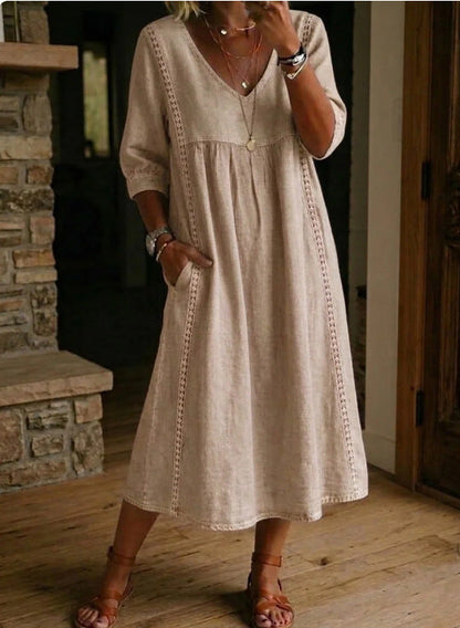Elegant V-Neck Linen Blend Midi Dress with Lace Inserts and Pockets | Women's Casual Summer Dress