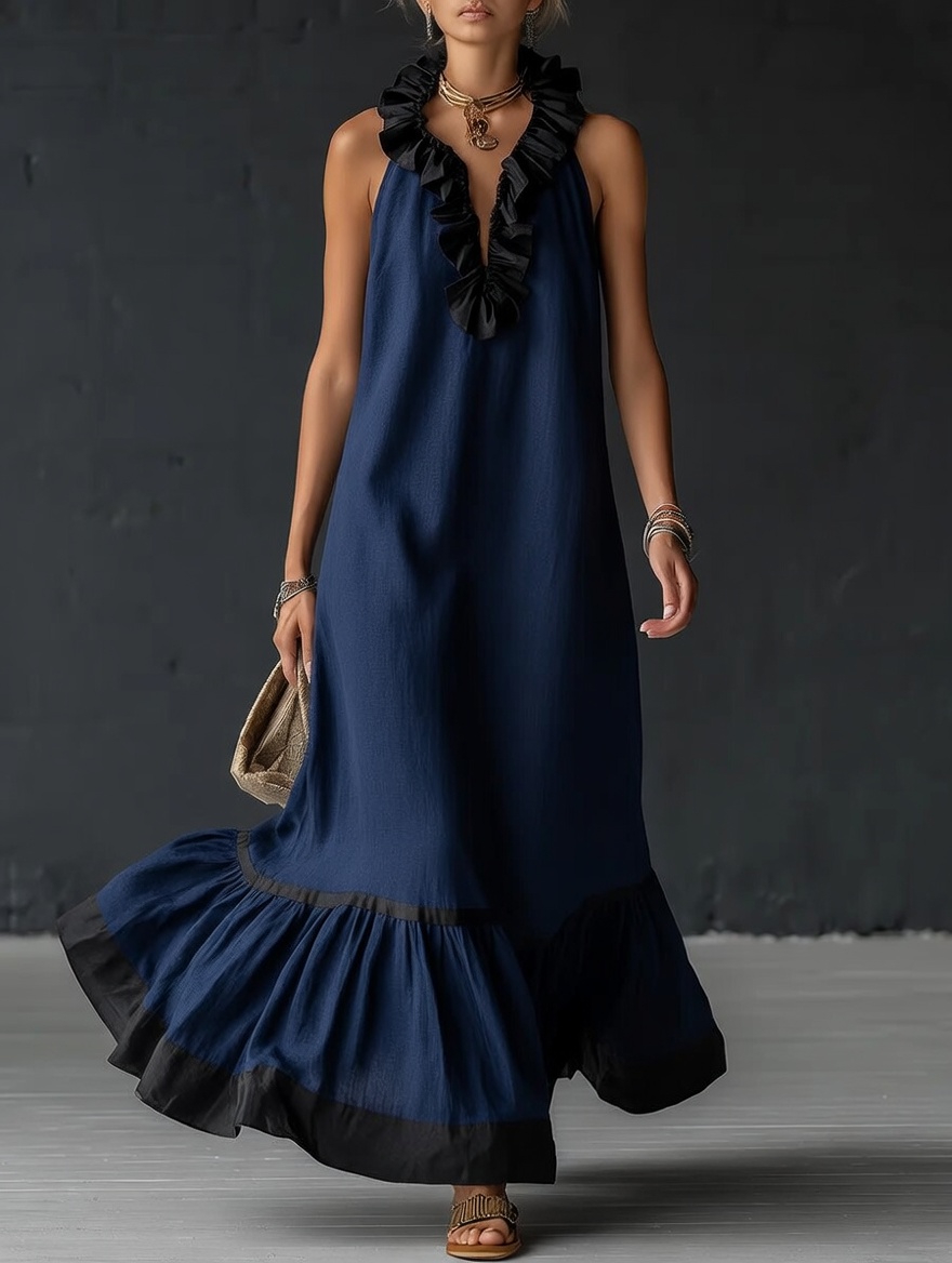 Élégante robe longue en coton et lin, sans manches, avec encolure en V, volants et blocs de couleurs.