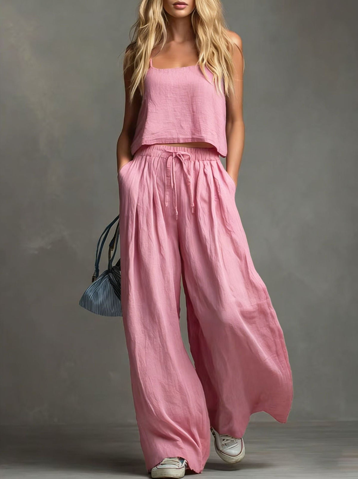 Ensemble pantalon large et haut à bretelles en coton et lin décontracté de couleur unie