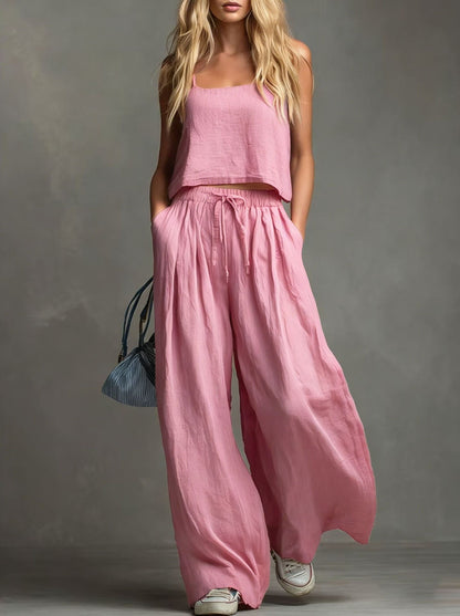 Ensemble pantalon large et haut à bretelles en coton et lin décontracté de couleur unie