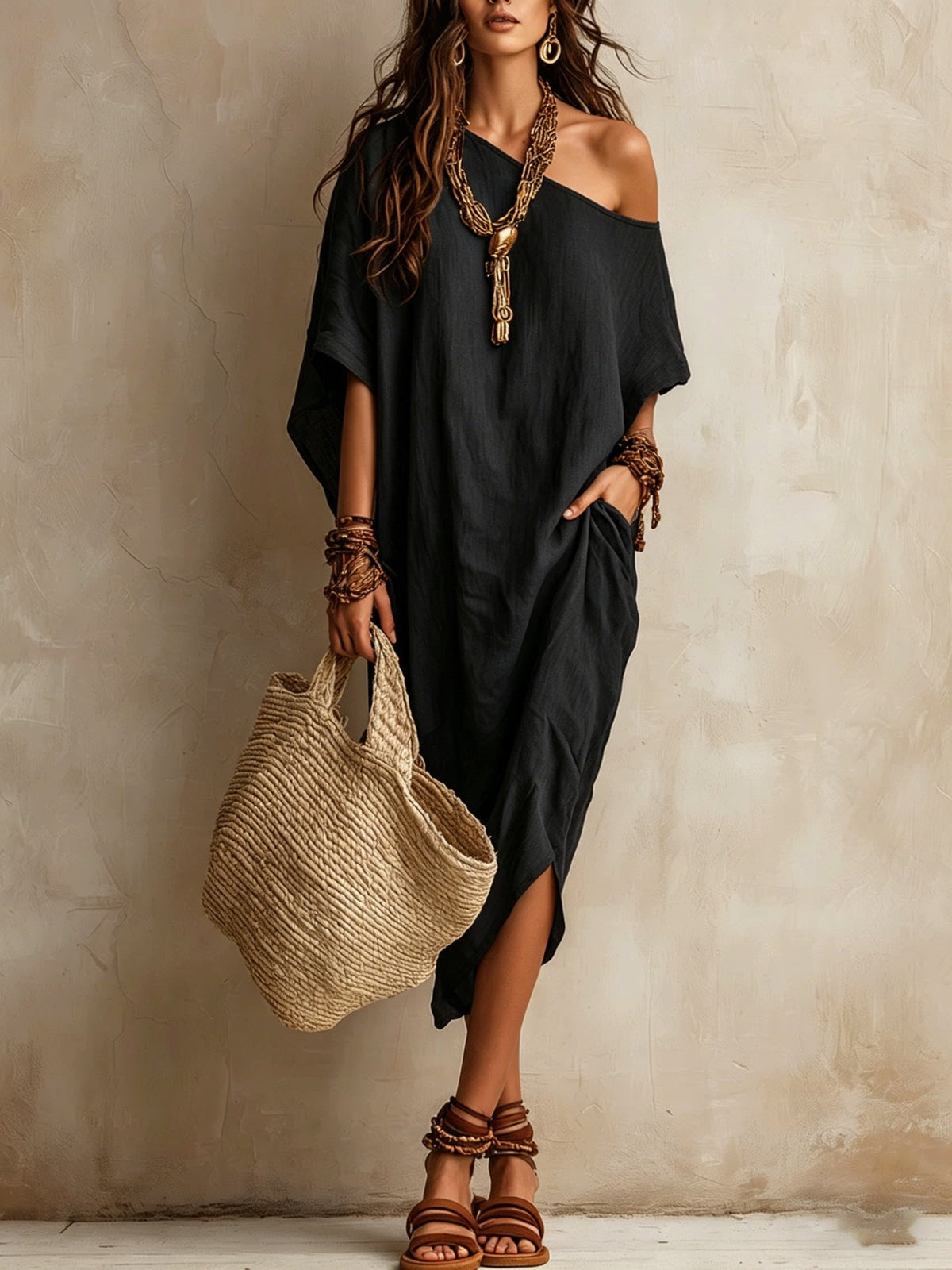 Robe femme coton et lin asymétrique ample manches chauve-souris mi-longue fendue pour les vacances