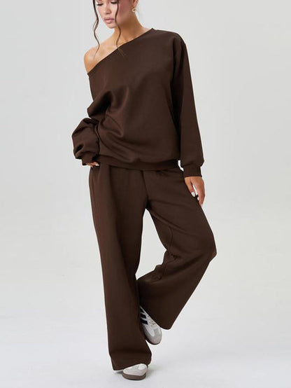 Ensemble top à manches longues épaules dénudées et pantalon large pour femme