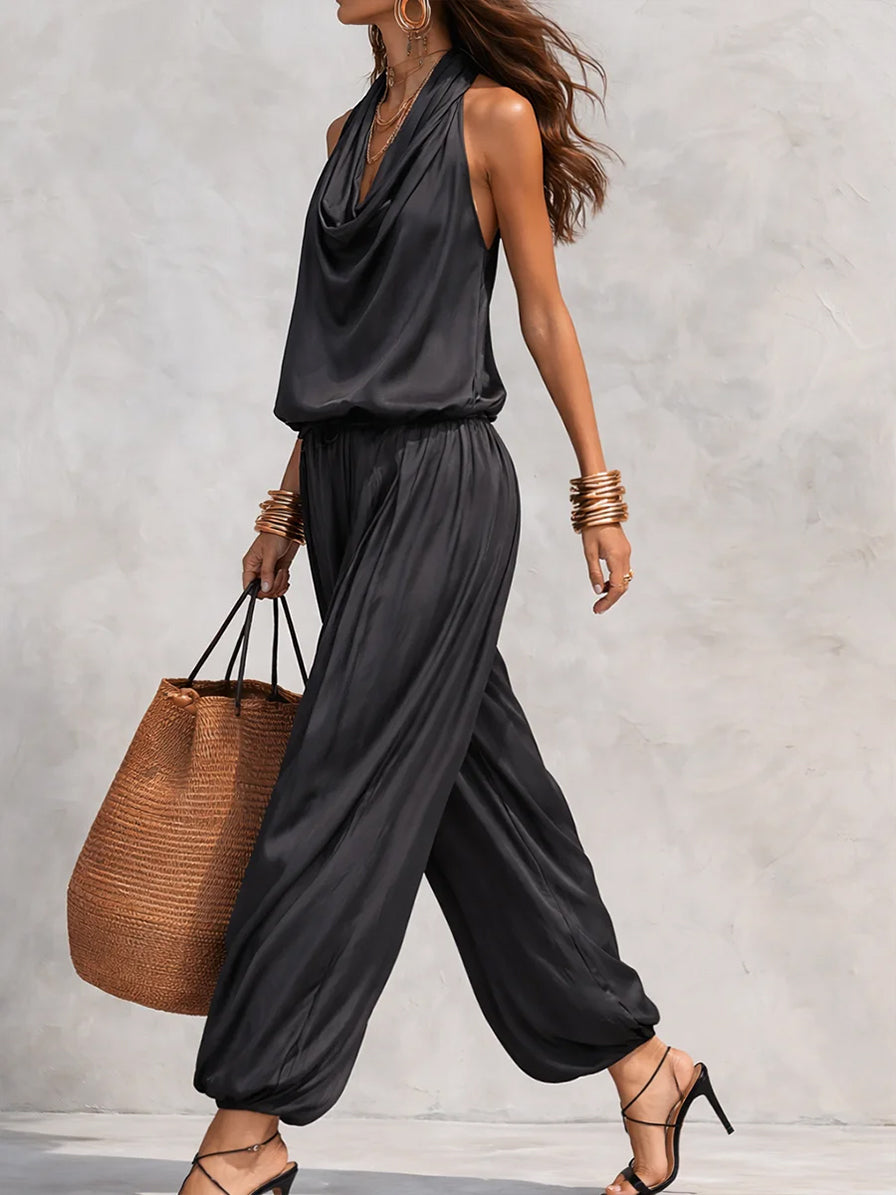 Ensemble deux pièces pantalon et haut sans manches drapé, élégant et confortable