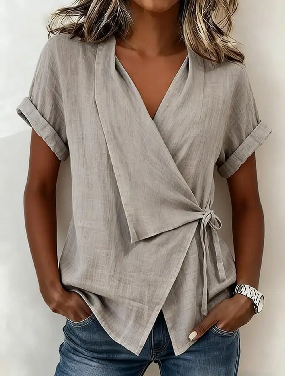 Blouse à manches courtes et col en V en lin mélangé avec ceinture à nouer à la taille