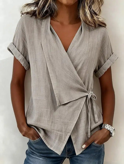 Blouse à manches courtes et col en V en lin mélangé avec ceinture à nouer à la taille