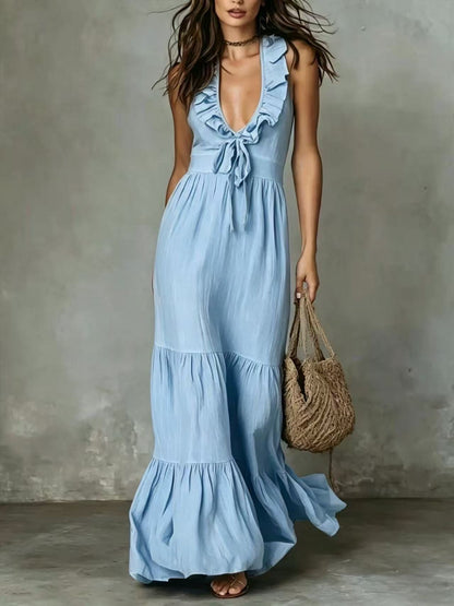 Robe longue décontractée ample à volants et col en V sans manches