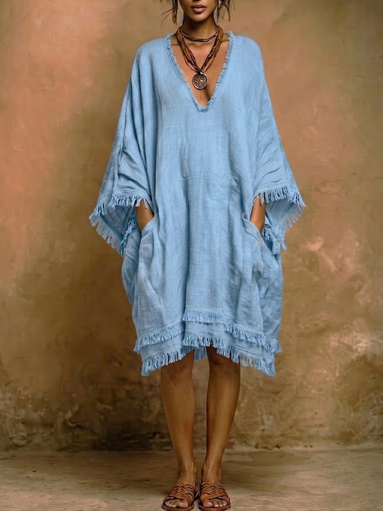 Robe ample en lin et coton effiloché style bohème
