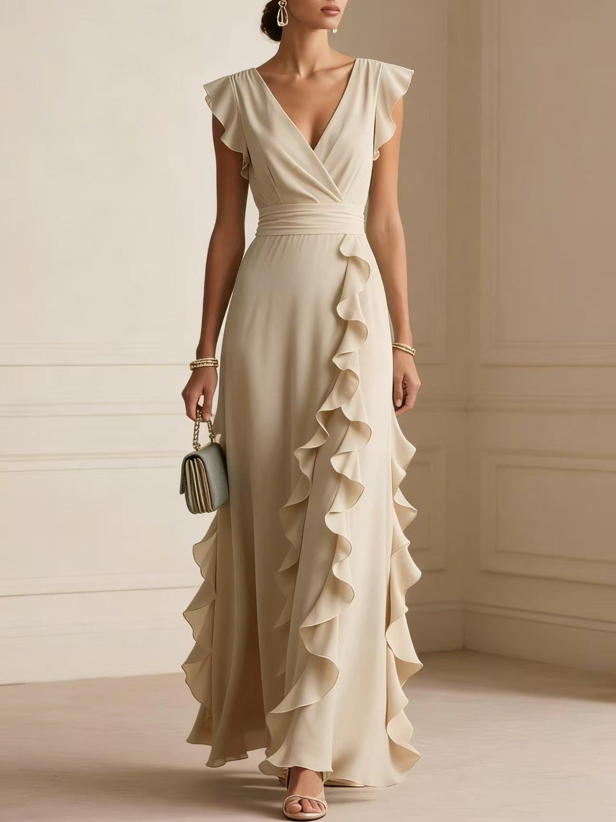 Robe longue à volants et manches papillon
