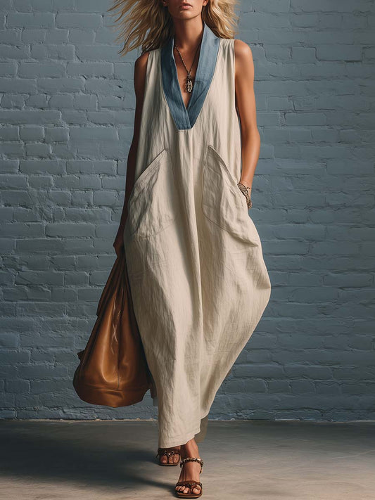 Robe longue décontractée en coton et lin beige, décolleté en V, blocs de couleur, style urbain