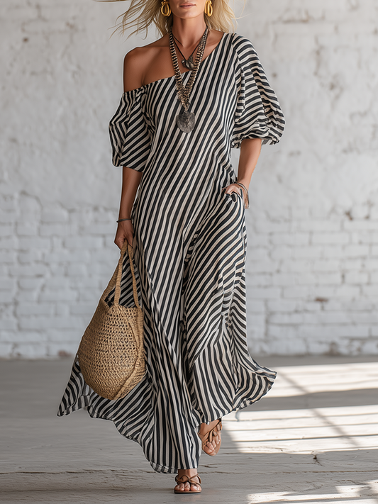 Robe longue noire à épaules dénudées avec imprimé rayé en mousseline Urban