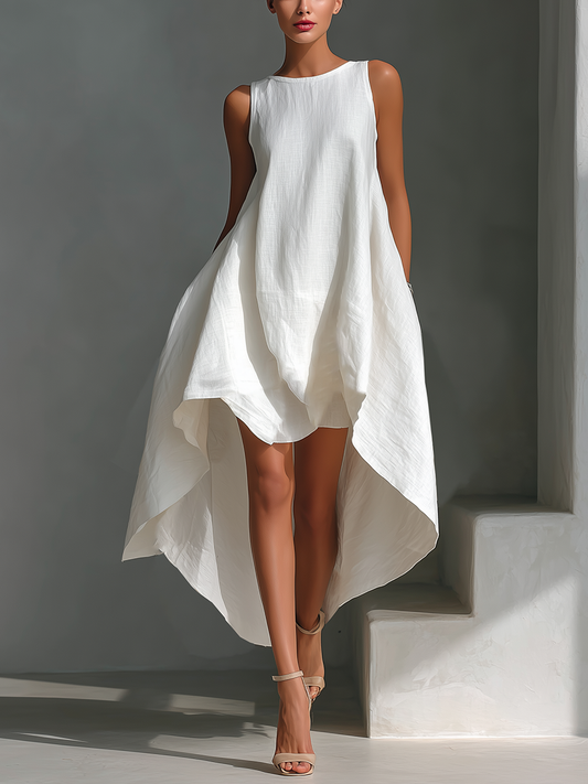 Robe midi sans manches en lin blanc pour femme à col rond