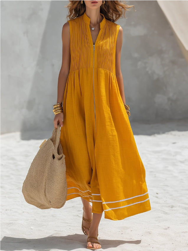 Robe midi sans manches en lin à col montant, plis et fermeture éclair sur le devant