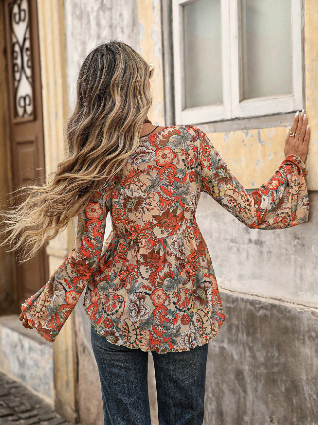 Top asymétrique à manches longues en maille à imprimé cachemire bohème orange pour femme à nouage sur le devant