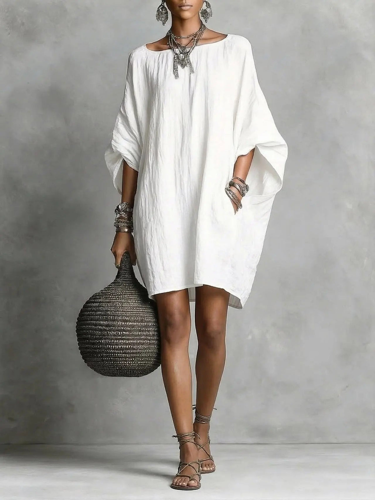Robe décontractée femme en coton-lin, couleur unie, col rond, manches 3/4, coupe ample