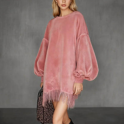 Robe rétro en velours rose pour femme, col montant, à franges