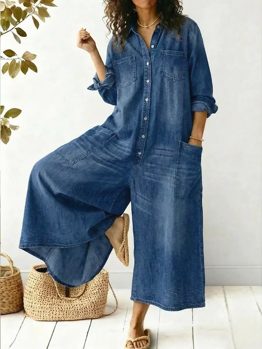 Combinaison en jean décontractée et confortable pour femme avec de grandes poches avant