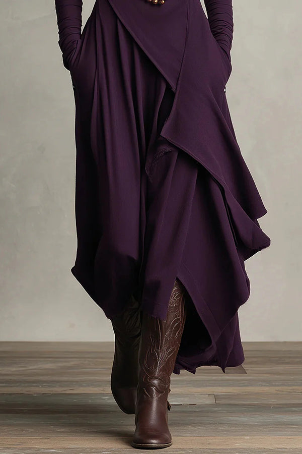 Robe longue décontractée unie à col montant, manches longues et ourlet asymétrique