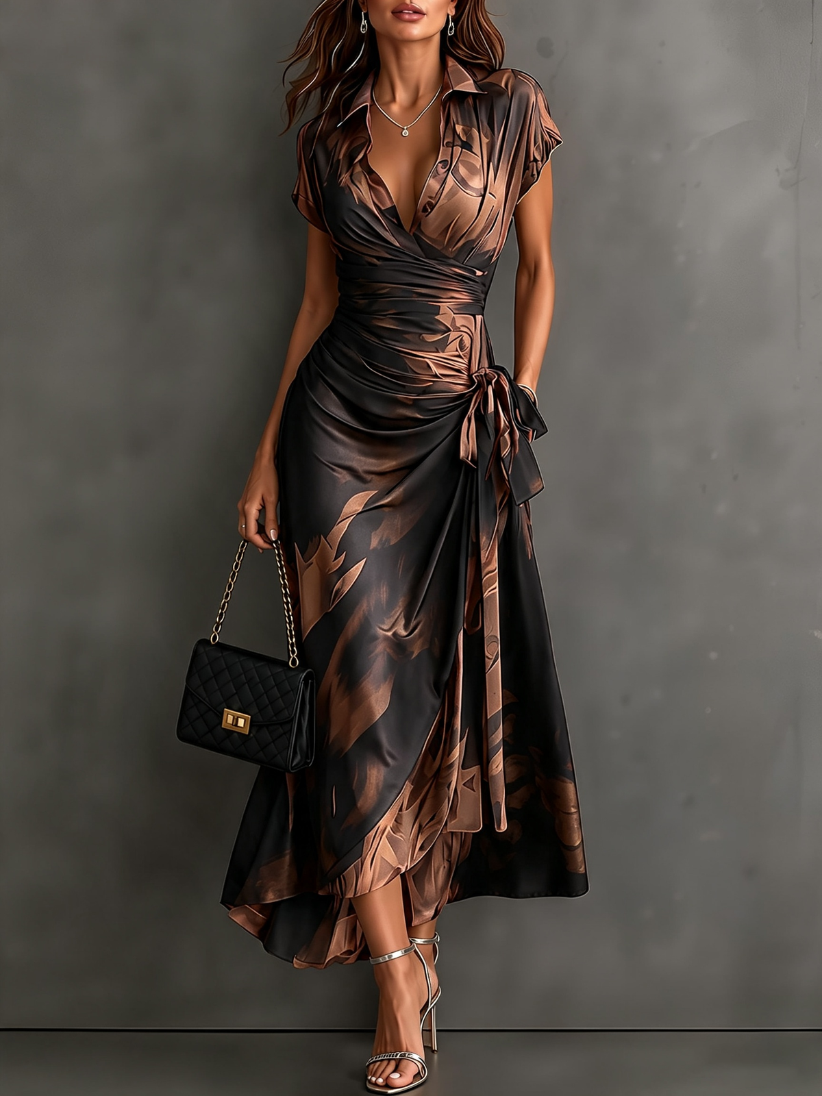Robe Midi Cache-cœur Imprimé Abstrant Rouge et Noir Col V Manches Courtes Ceinture Nouée Ourlet Asymétrique Volanté