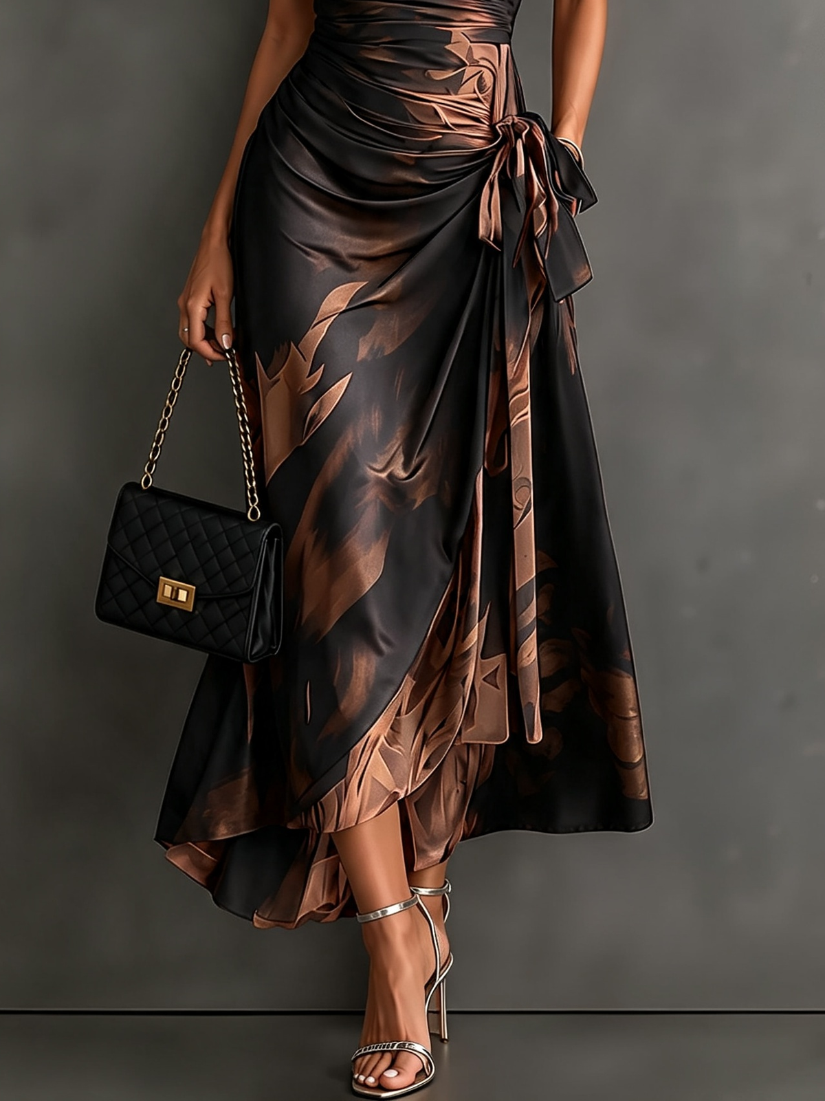 Robe Midi Cache-cœur Imprimé Abstrant Rouge et Noir Col V Manches Courtes Ceinture Nouée Ourlet Asymétrique Volanté