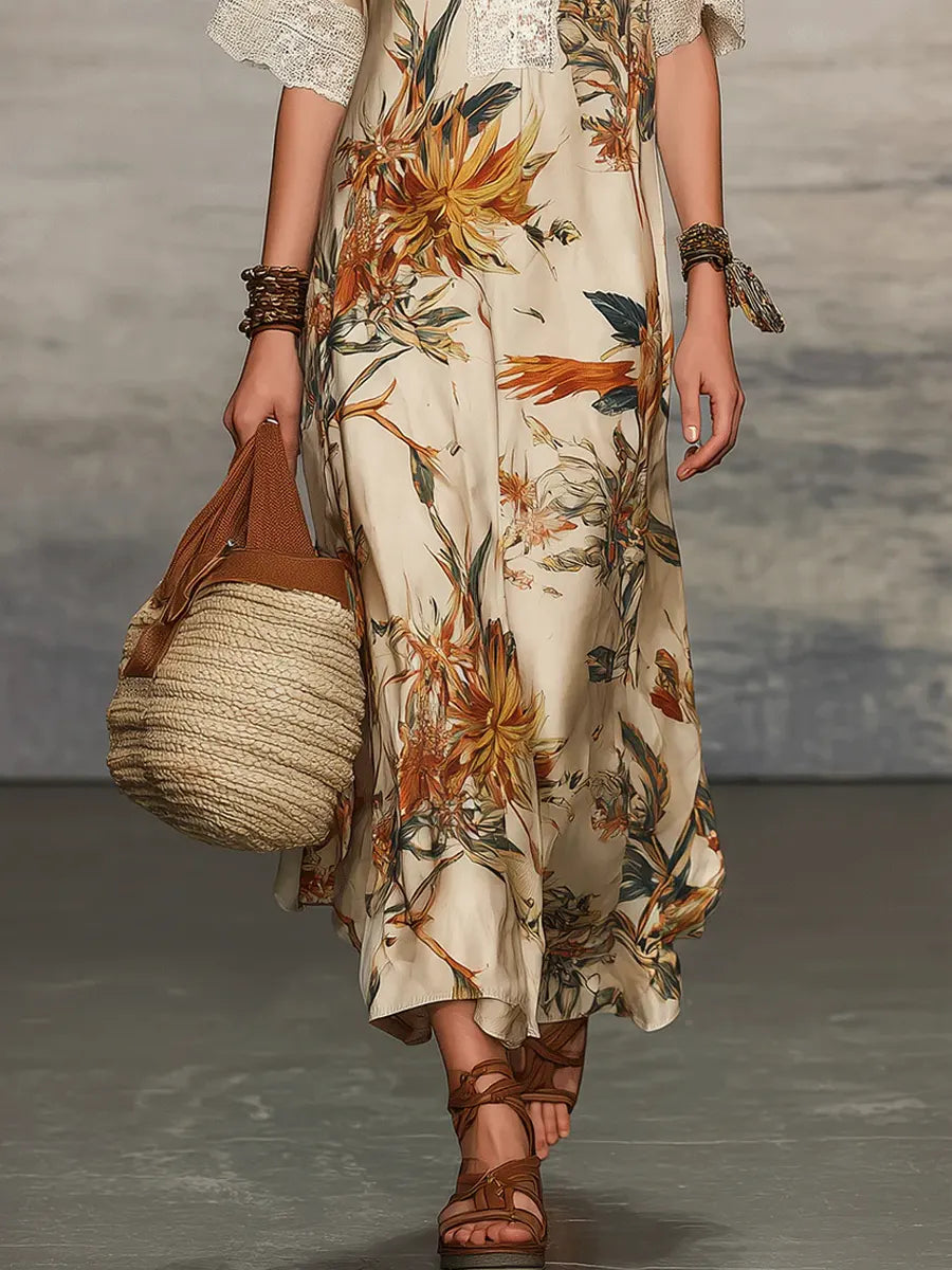 Robe décontractée chic à manches courtes et motif floral rétro pour femme