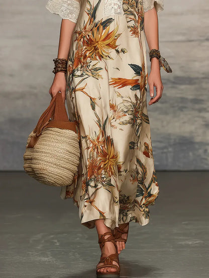 Robe décontractée chic à manches courtes et motif floral rétro pour femme