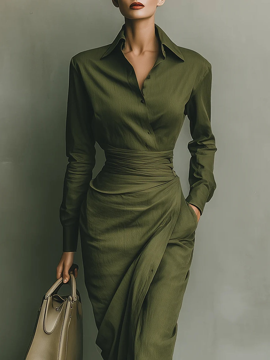 Army green cotton blend long dress
