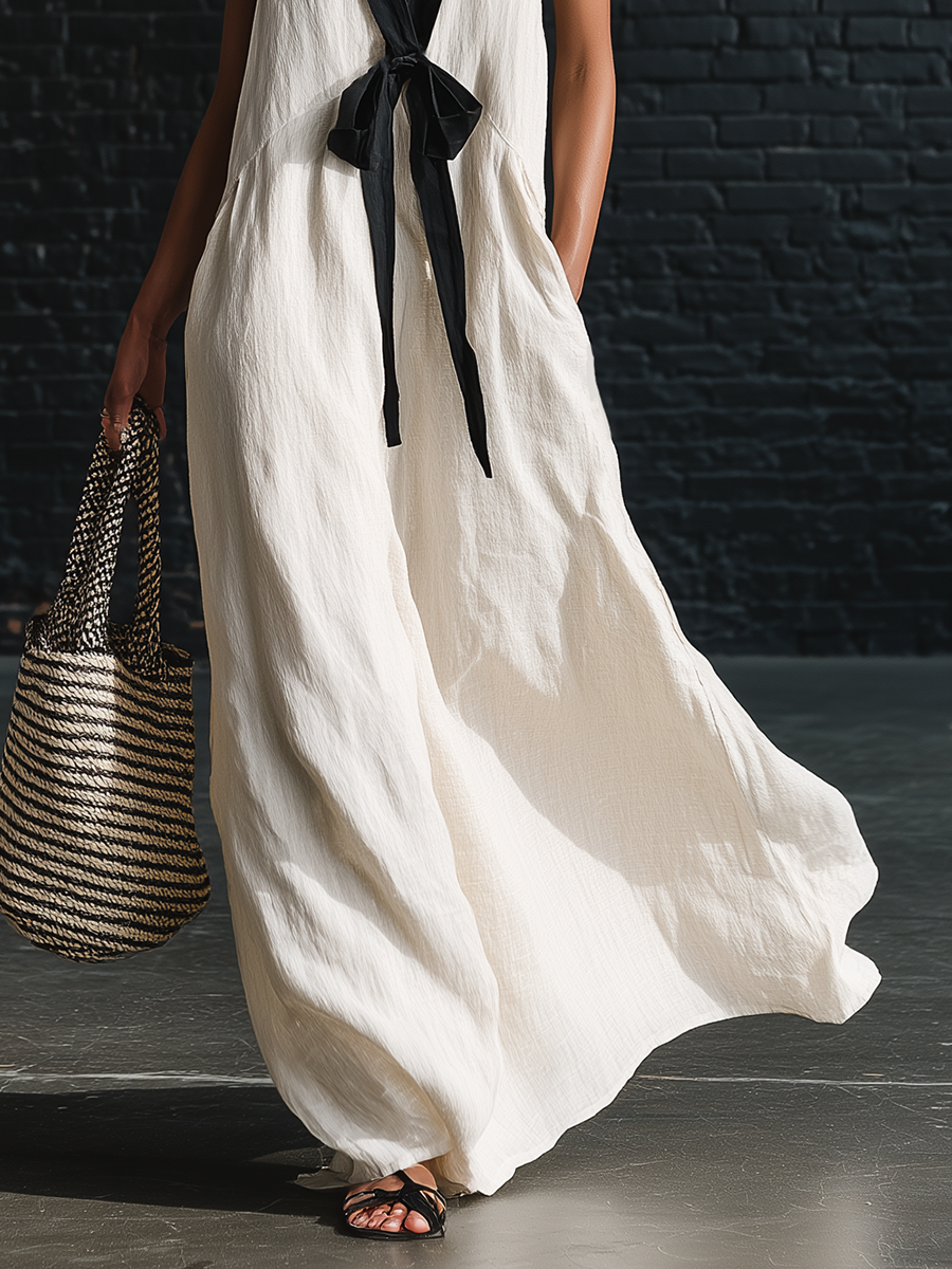 Robe longue sans manches col en V à imprimé bohème noir et blanc