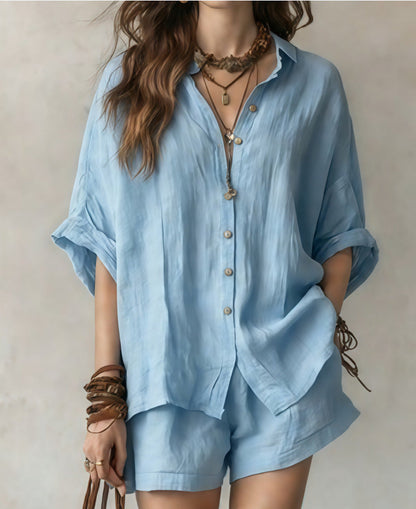 Ensemble chemise boutonnée et short oversize en mélange de lin | Tenue décontractée deux pièces respirante pour femme