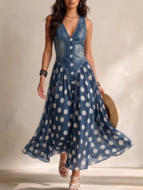 Robe en jean sans manches décontractée et élégante avec empiècements en mousseline à pois