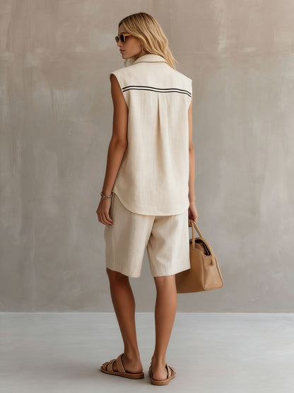 Ensemble décontracté rétro chemise sans manches rayée en coton‑lin couleur abricot et short