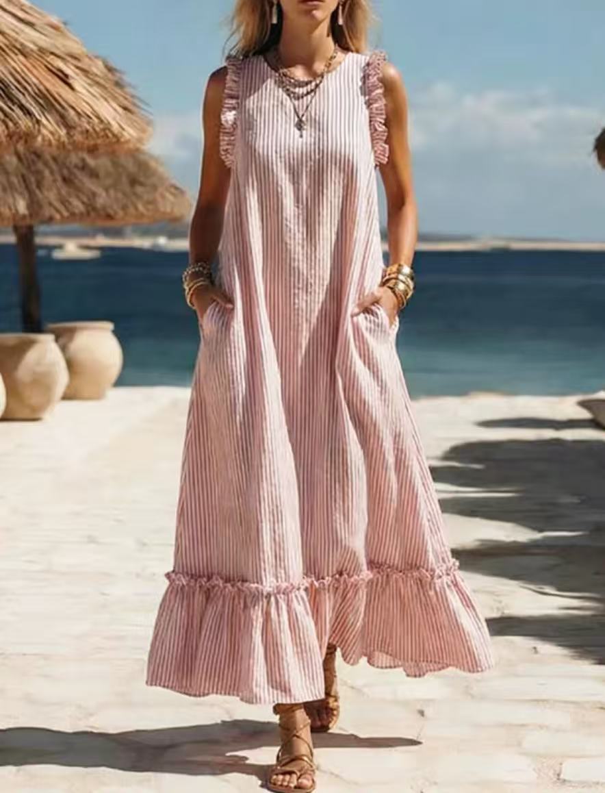 🌊 Robe longue à rayures et volants « Côté mer »