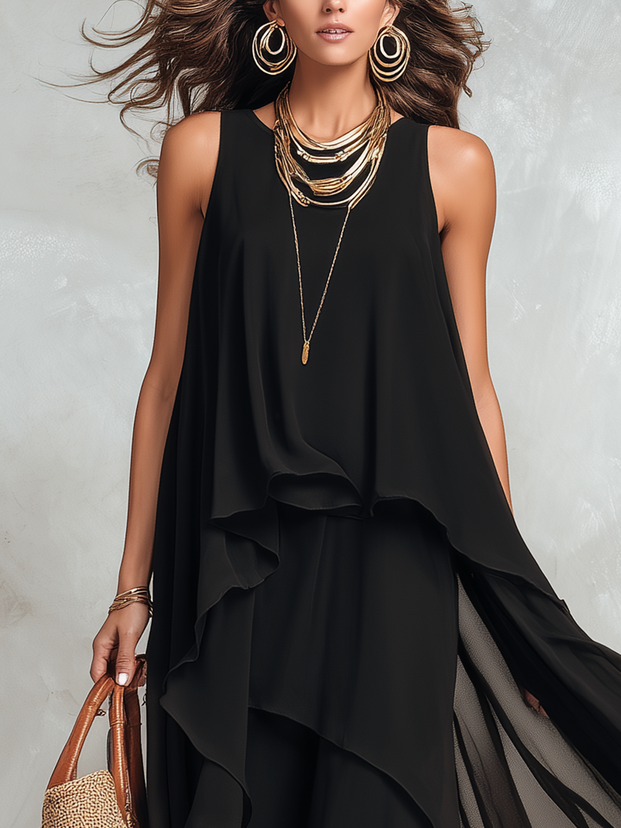 Robe longue bohème en mousseline de soie noire à étages