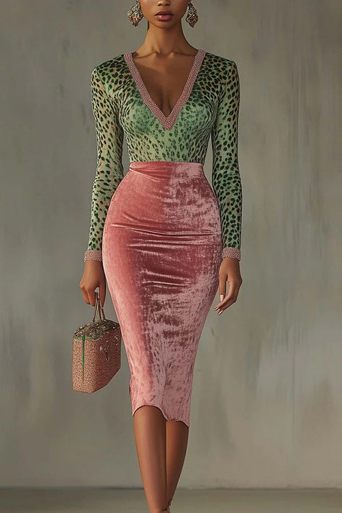 Robe midi moulante en velours stretch patchwork tendance