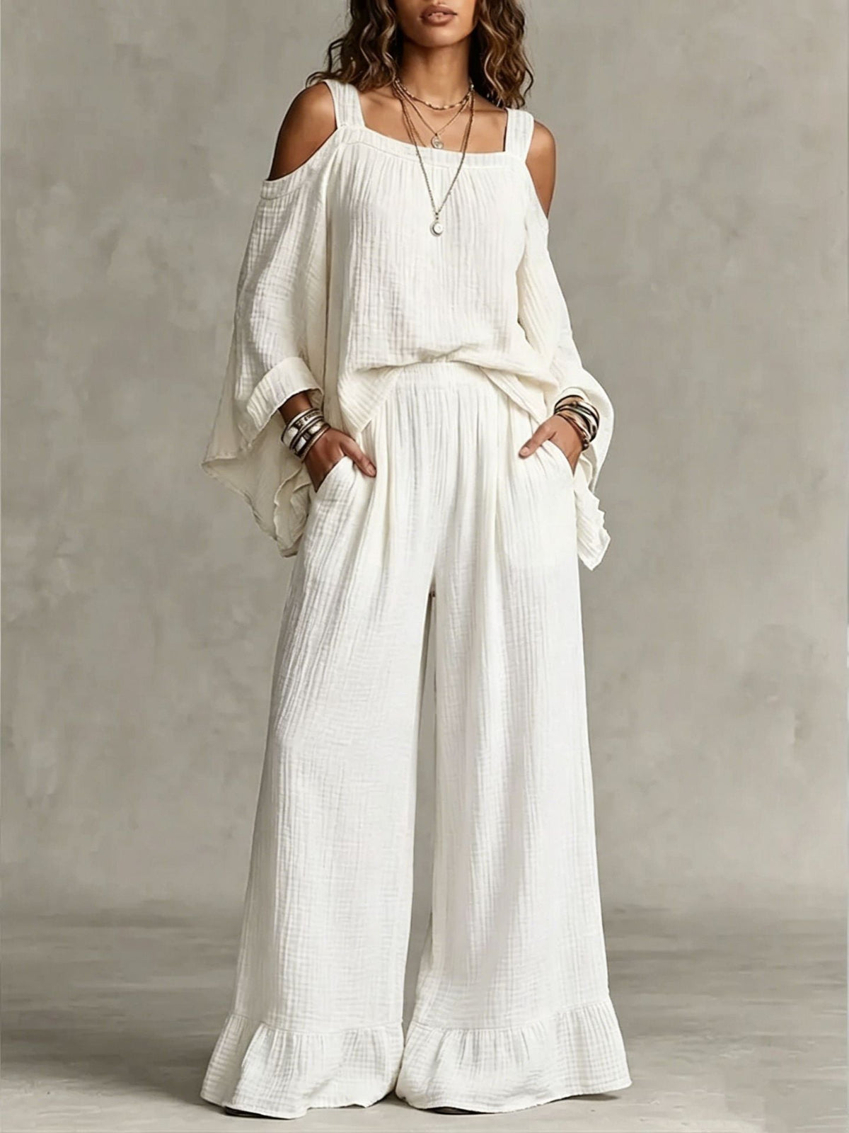 Women Solid Textured Cold Shoulder Batwing Top Elastic Waist Ruffle Wide Leg Pants Matching Set