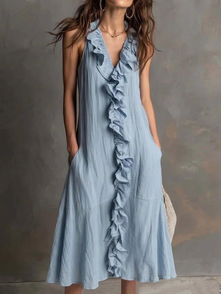 🌿 Robe midi sans manches à col en V volanté