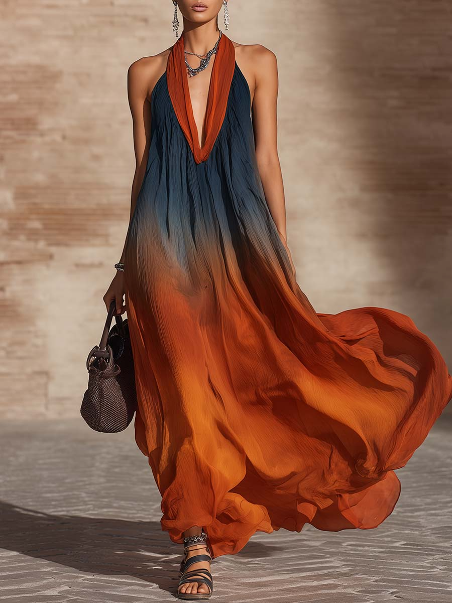 Robe longue ample dégradée à col licou élégante