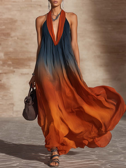 Robe longue ample dégradée à col licou élégante