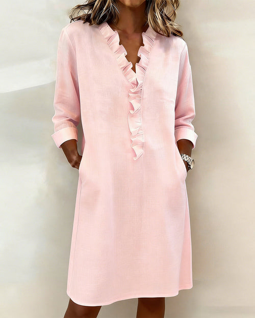 Robe unie à col en V et volants
