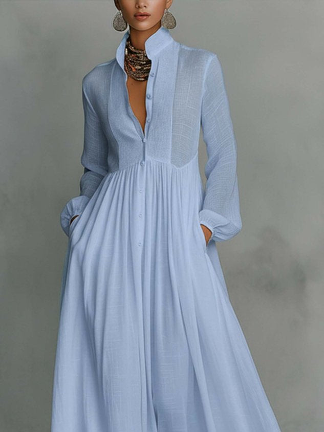 Casual cotton and linen maxi dress, high waist, stand-up collar, for everyday wear