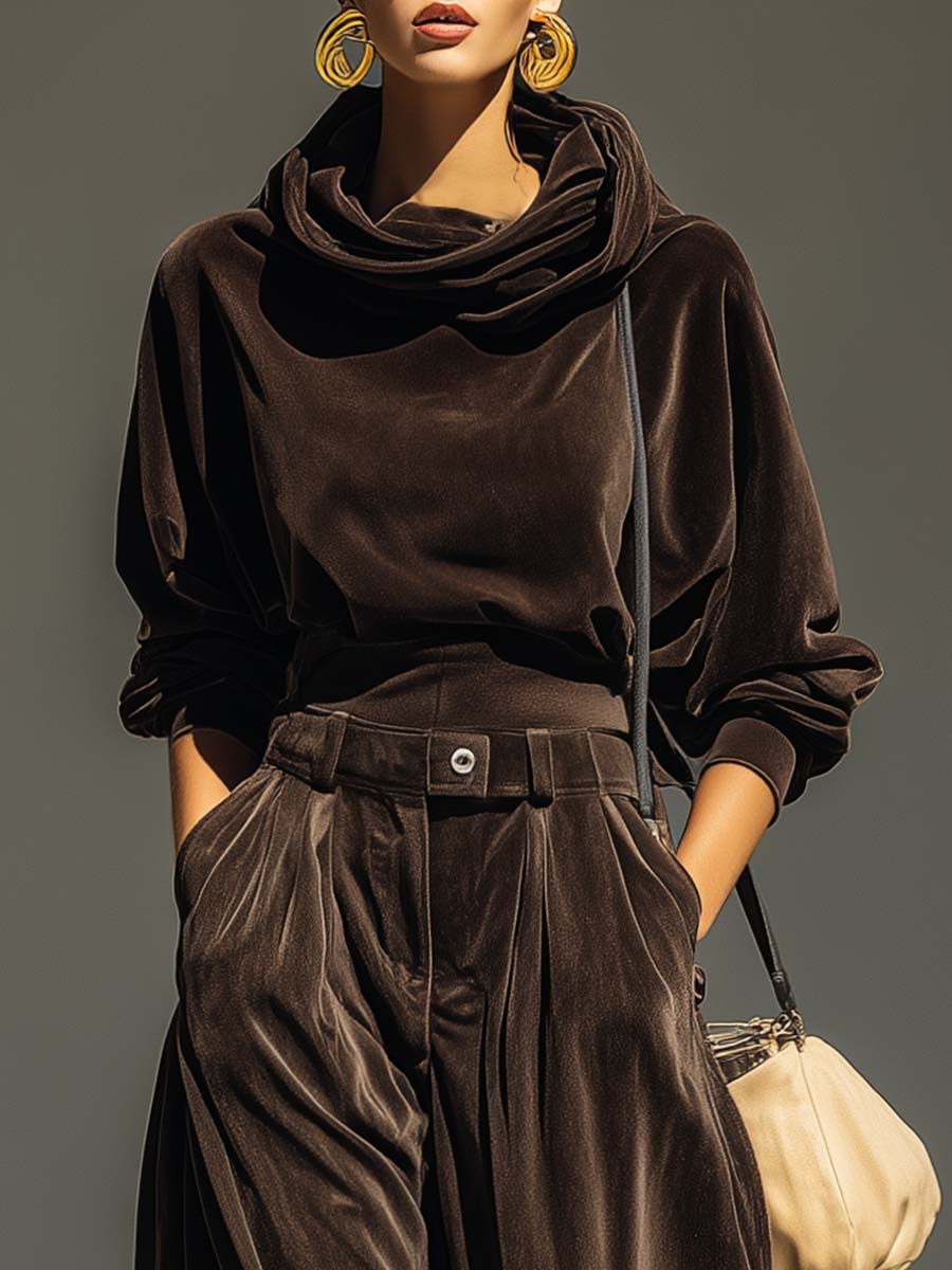 Vintage brown velvet hoodie and wide-leg trousers (belt included)