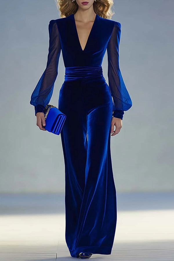 Robe ajustée élégante en velours uni à col V et manches longues