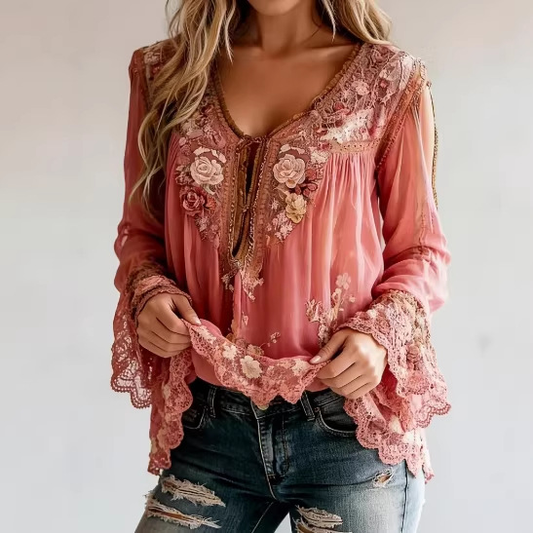 Blouse semi-transparente à manches longues, col en V et imprimé floral