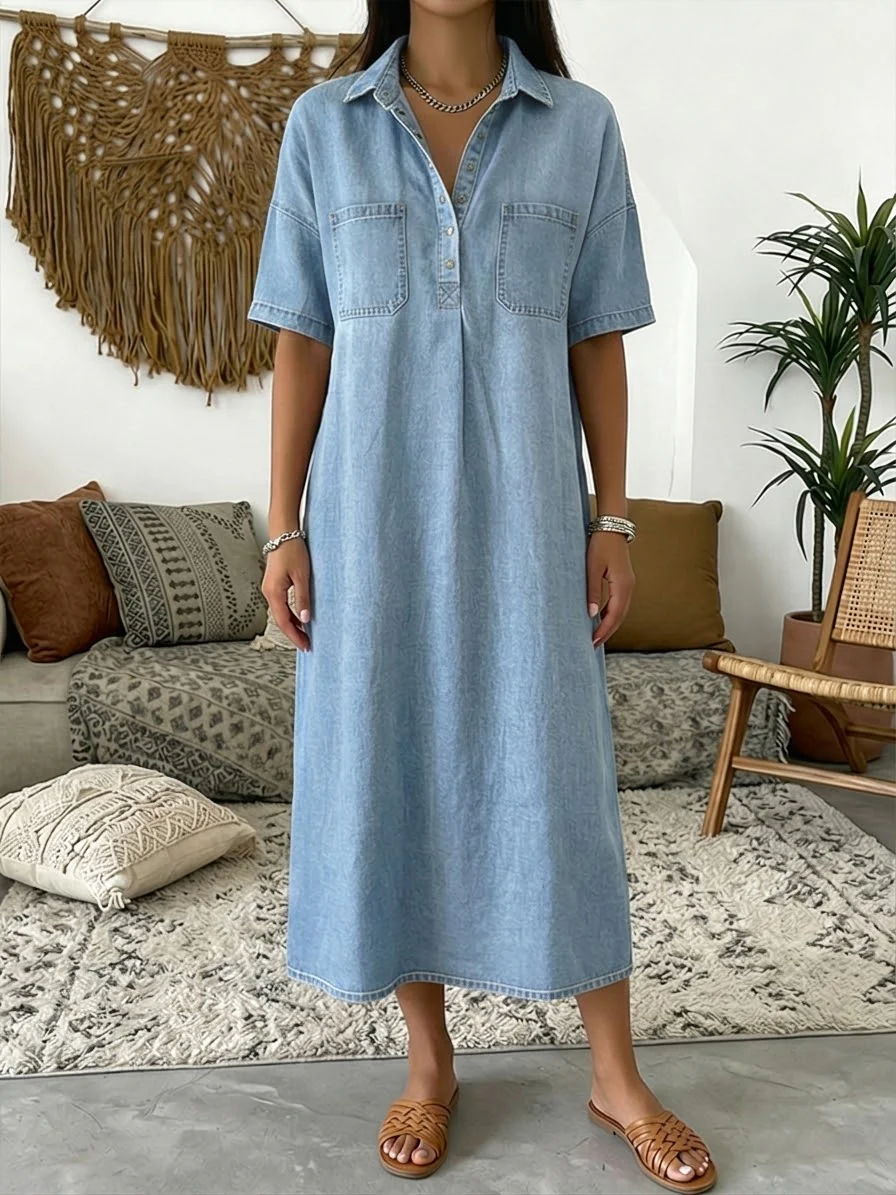 Robe en jean décontractée à manches courtes et col polo
