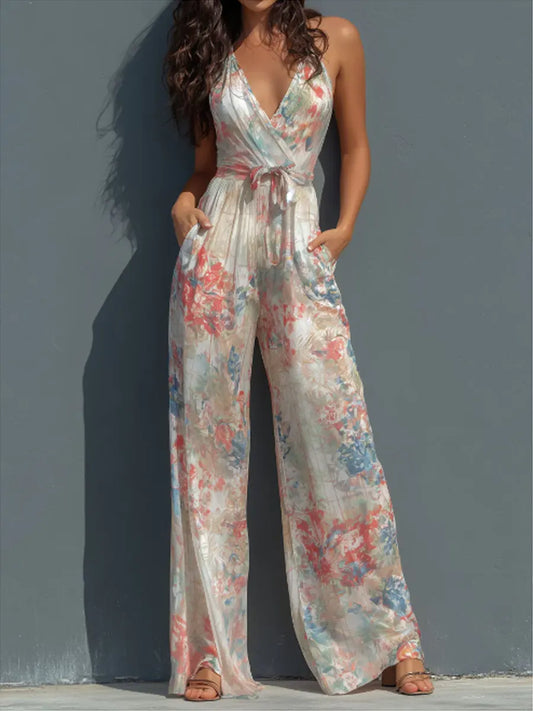 Combinaison vintage à imprimé col en V pour femme